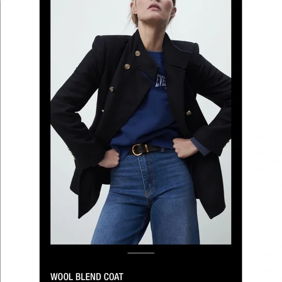 Zara gold buttons wool Italian mantengo wool black coat - Picture 5 of 11